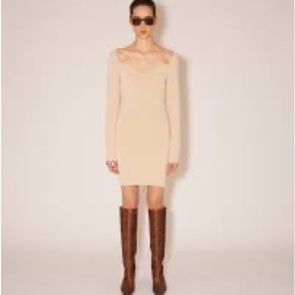 Nanushka Marina Beige Rib Knit Sweetheart Neck Long Sleeve Mini Dress Size M - Picture 13 of 14